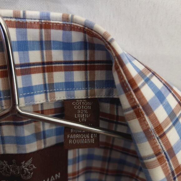 Hickey Freeman Shirt Mens L Blue Brown Plaid Cotton Linen Blend Button Up Casual - Picture 6 of 6